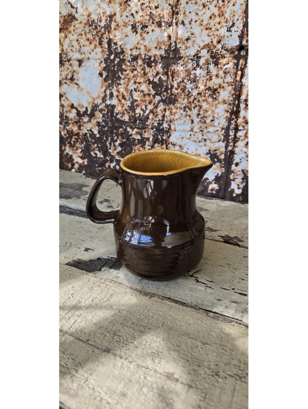 Vintage Ceramic stoneware creamer pitcher with brown and yellow glaze